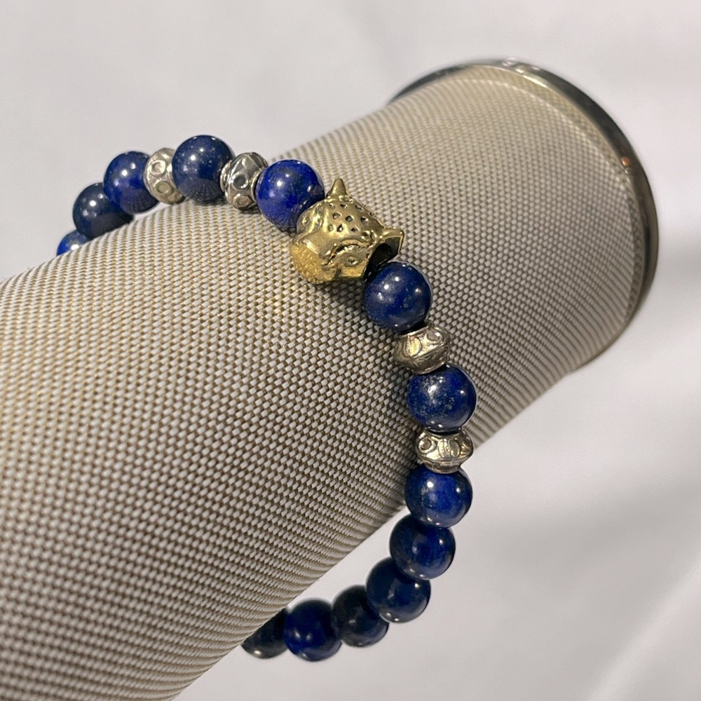 Bracelet Stretchy Beaded Blue & Gold w Leopard Head-OS